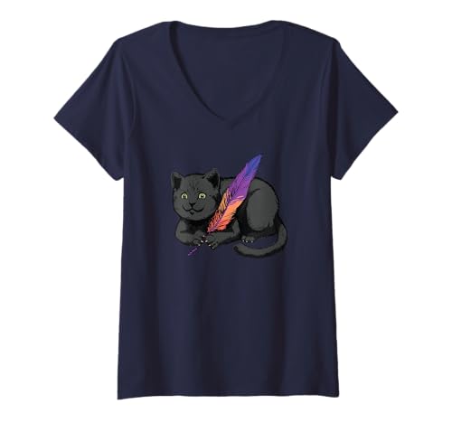 Damen Katze mit Feder - Lustige Katze T-Shirt mit V-Ausschnitt von Cat With A Feather