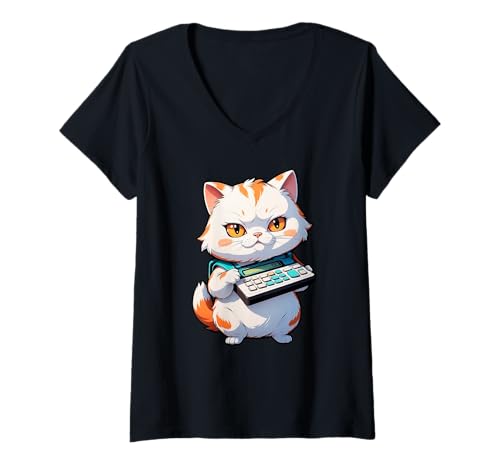 Damen Katze mit Taschenrechner - Lustige Katze T-Shirt mit V-Ausschnitt Damen Katze mit Taschenrechner - Lustige Katze T-Shirt mit V-Ausschnitt von Cat With Calculator