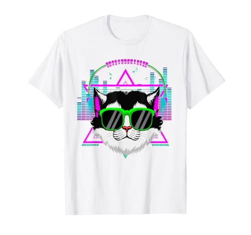 Katze mit Kopfhörern Idee für Damen & EDM Music 90er Jahre Kostüm T-Shirt von Cat With Headphones Idea For Men & Techno EDM