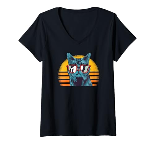 Damen Katze mit Schatten - Lustige Katze T-Shirt mit V-Ausschnitt von Cat With Shades
