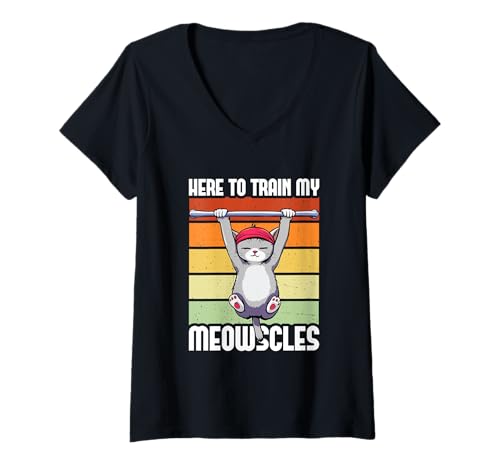 Damen Lustiges Fitness-Katzen-Trainings-Fitness-Studio Here to Train My Meowscles T-Shirt mit V-Ausschnitt Damen Lustiges Fitness-Katzen-Trainings-Fitness-Studio Here to Train My Meowscles T-Shirt mit V-Ausschnitt von Cat Workout Here To Train My Meowscles Gift