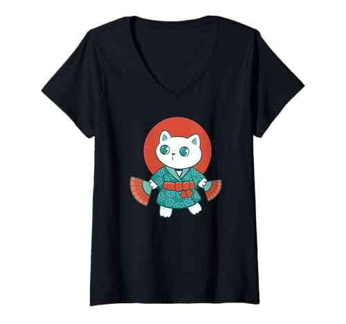 Damen Katze Yukata Japanisch - Lustige Katze T-Shirt mit V-Ausschnitt Damen Katze Yukata Japanisch - Lustige Katze T-Shirt mit V-Ausschnitt von Cat Yukata Japanese