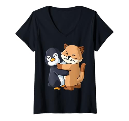 Damen Niedlicher Pinguin und Katze, Tierliebhaber, umarmt Frauen und Mädchen T-Shirt mit V-Ausschnitt Damen Niedlicher Pinguin und Katze, Tierliebhaber, umarmt Frauen und Mädchen T-Shirt mit V-Ausschnitt von Cat and Penguin Hug Japanese Kawaii Animals