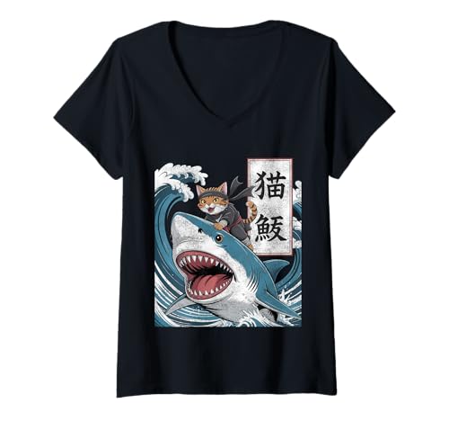Damen Japanese Ninja Samurai Cat Riding Shark Retro Distressed T-Shirt mit V-Ausschnitt Damen Japanese Ninja Samurai Cat Riding Shark Retro Distressed T-Shirt mit V-Ausschnitt von Cat and Shark Funny Art shirt Cat Eating Shark Fun