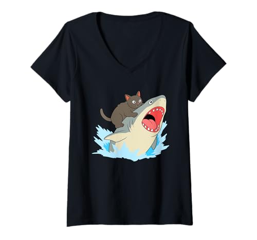 Damen Lustige Katze beißender Hai T-Shirt mit V-Ausschnitt Damen Lustige Katze beißender Hai T-Shirt mit V-Ausschnitt von Cat and Shark Lovers