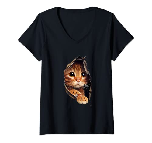 Damen Katze - Kitten - Miau - Katzenmama - Katzen T-Shirt mit V-Ausschnitt von Cat comes out of the fabric - Women Men – Cat