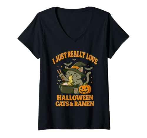 Damen I Just Really Love Cats Halloween and Ramen T-Shirt mit V-Ausschnitt Damen I Just Really Love Cats Halloween and Ramen T-Shirt mit V-Ausschnitt von Cat eating Ramen Tees