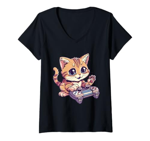 Damen Katze Gaming T-Shirt mit V-Ausschnitt Damen Katze Gaming T-Shirt mit V-Ausschnitt von Cat gamer design