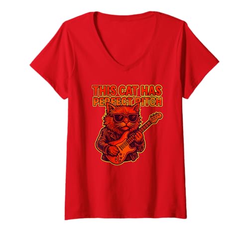 Damen Katzen-Gitarrenshirt Katze spielt Gitarre Rock and Roll T-Shirt mit V-Ausschnitt von Cat guitar rock shirts for Music and Cats lover