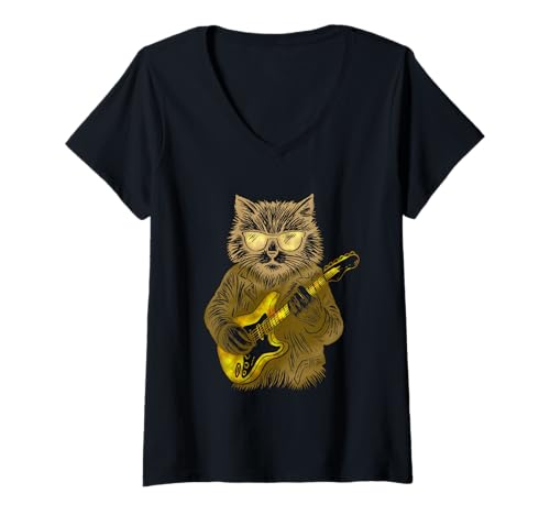 Damen Katzen-Gitarrenshirt Katze spielt Gitarre Rock and Roll T-Shirt mit V-Ausschnitt von Cat guitar rock shirts for Music and Cats lover