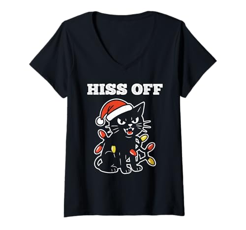 Damen Zischen Sie ab, zischende Katze Weihnachten, wütende Katze Anti Weihnachten T-Shirt mit V-Ausschnitt Damen Zischen Sie ab, zischende Katze Weihnachten, wütende Katze Anti Weihnachten T-Shirt mit V-Ausschnitt von Cat hissing apparel