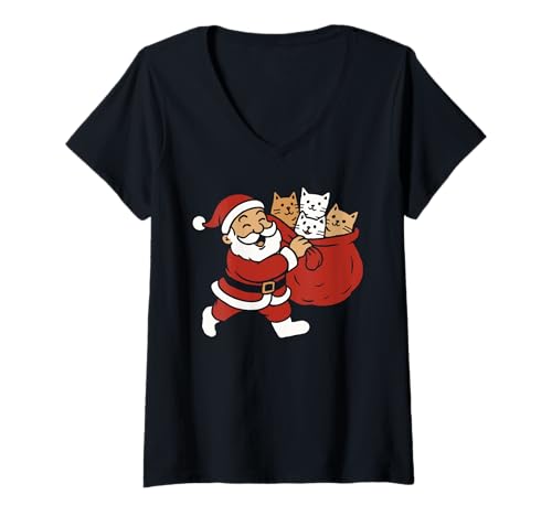 Damen Weihnachtsmann mit Katzensack Weihnachten T-Shirt mit V-Ausschnitt Damen Weihnachtsmann mit Katzensack Weihnachten T-Shirt mit V-Ausschnitt von Cat lover apparel