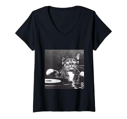 Damen Lustiger Katzen-DJ im Retro-Stil mit Kopfhörern T-Shirt mit V-Ausschnitt Damen Lustiger Katzen-DJ im Retro-Stil mit Kopfhörern T-Shirt mit V-Ausschnitt von Cat lovers gift shop