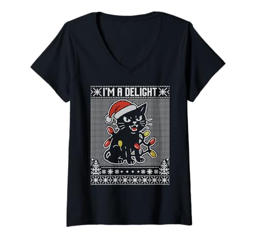 Damen I'm a Delight, sarkastic cat zissing, cat hiss Ugly Sweater T-Shirt mit V-Ausschnitt von Cat ugly Christmas sweater