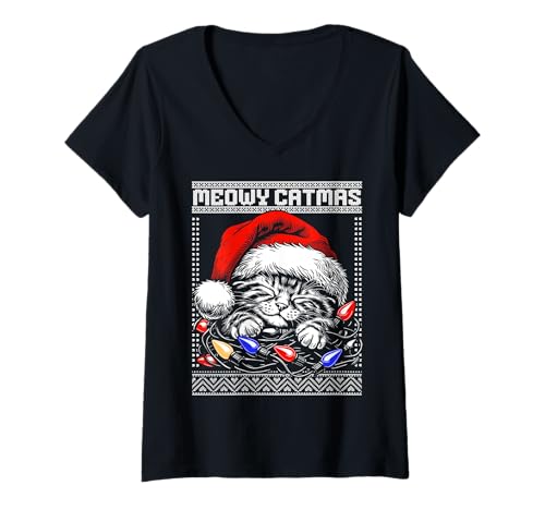Damen Meowy Catmas, hässlicher Weihnachtspullover mit Katze T-Shirt mit V-Ausschnitt von Cat ugly Christmas sweater