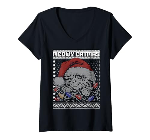 Damen Meowy Catmas, hässlicher Weihnachtspullover mit Katze T-Shirt mit V-Ausschnitt von Cat ugly christmas sweater