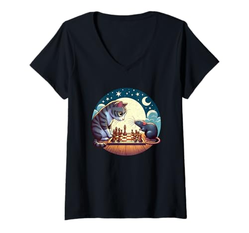 Damen Lustiges Schach mit Katze gegen Ratte T-Shirt mit V-Ausschnitt Damen Lustiges Schach mit Katze gegen Ratte T-Shirt mit V-Ausschnitt von Cat vs Rat Chess Cartoon Collection
