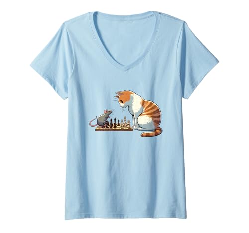 Damen Lustiges Schach mit Katze gegen Ratte T-Shirt mit V-Ausschnitt Damen Lustiges Schach mit Katze gegen Ratte T-Shirt mit V-Ausschnitt von Cat vs Rat Chess Cartoon Collection