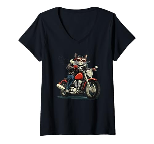 Damen Hübsche Motorradkatze liebt Motorradsaison T-Shirt mit V-Ausschnitt von Cat with Motorcycle