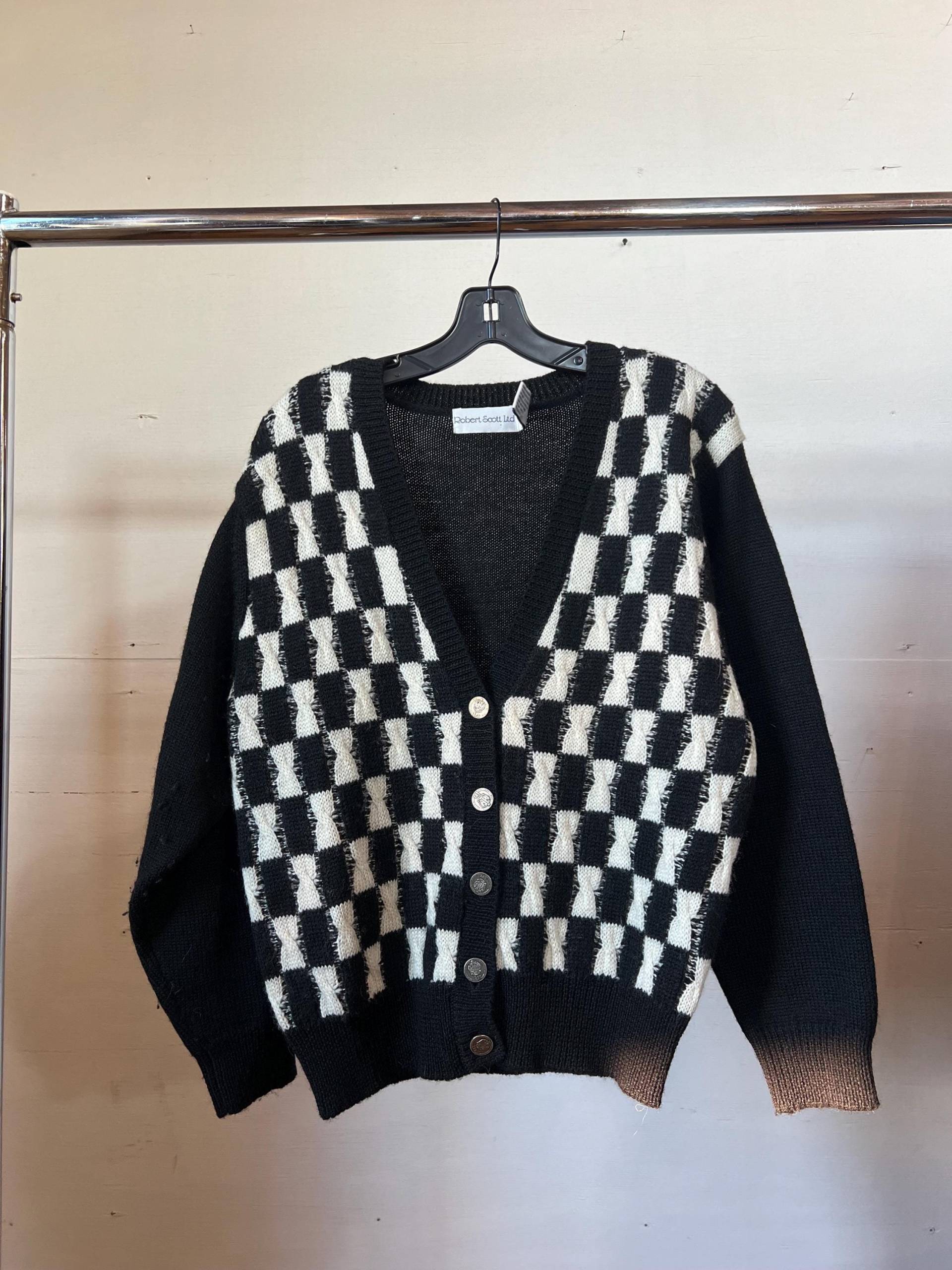 Med, Vintage 1980Er Schwarz Weiß Karierte Strickjacke Med, Vintage 1980Er Schwarz Weiß Karierte Strickjacke von CatAndTheCobra