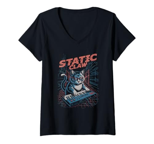 Damen Statische Klaue Katze spielt Synthwave Keyboard Retro Grid T-Shirt mit V-Ausschnitt Damen Statische Klaue Katze spielt Synthwave Keyboard Retro Grid T-Shirt mit V-Ausschnitt von CatSynth
