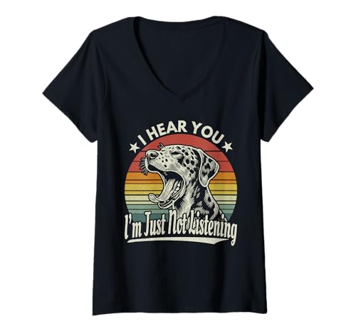 Damen Gähn Catahoula Leopard Ich höre Dich, ich höre Nicht, Sonnenuntergang T-Shirt mit V-Ausschnitt von Catahoula Leopard Lover Funny Sleepy Dog Design