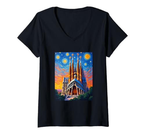 Damen Sternenklare Pop-Art der Sagrada Familia in Barcelona T-Shirt mit V-Ausschnitt Damen Sternenklare Pop-Art der Sagrada Familia in Barcelona T-Shirt mit V-Ausschnitt von Catalan Dreamscape Studio