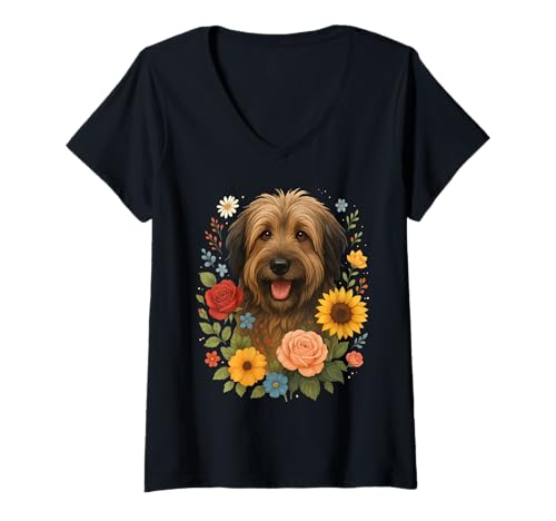Damen Katalanische Schäferhund-Blume T-Shirt mit V-Ausschnitt von Catalan Sheepdog Dog