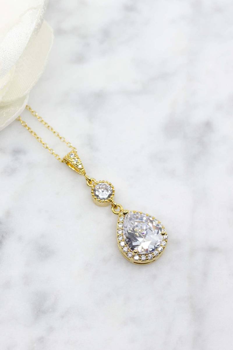 Kette Vergoldet Tropfen Hochzeitsschmuck Brautschmuck, Hochzeit Kristall von CataleaJewelry