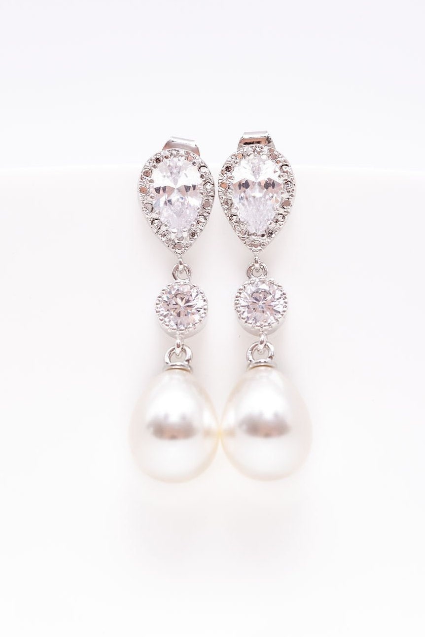 Ohrringe Silber Perlen Zirkonia Hochzeitsschmuck Brautschmuck von CataleaJewelry