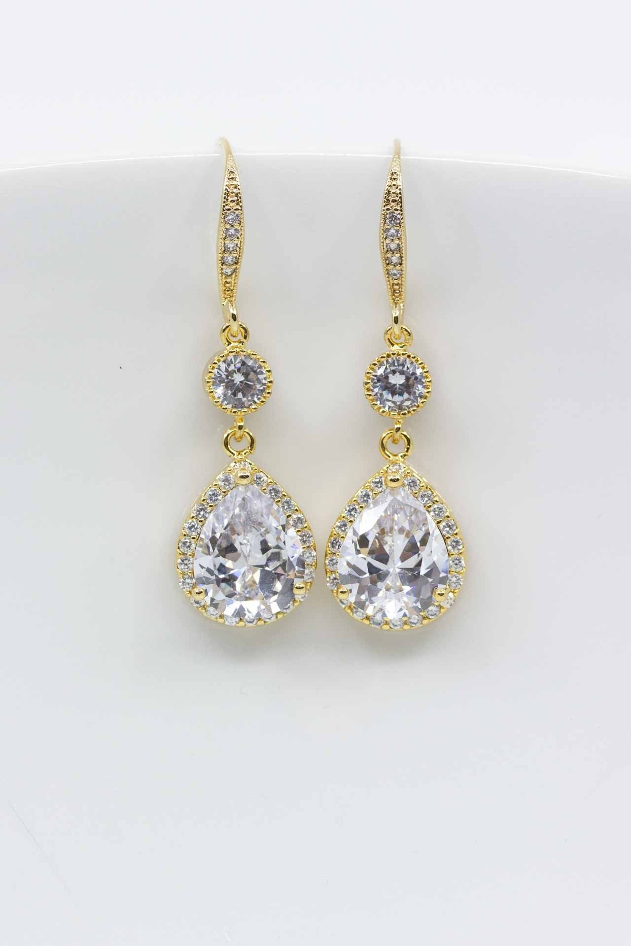 Ohrringe Vergoldet, Lang Ohrhänger, Zirkonia, Hochzeitsschmuck, Brautschmuck, Brautohrringe von CataleaJewelry