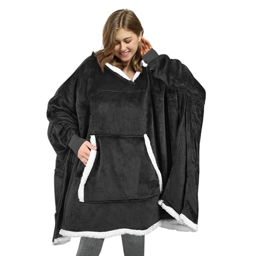 Catalonia Classy Oversize Poncho Hoodie Decke Warm Geschenke für Frauen, Flauschig Kuschelpullover Blanket Hoodie Damen Mädchen, Übergröße Tragbare Decke mit Ärmeln Erwachsene Teenager, Schwarz von Catalonia Classy