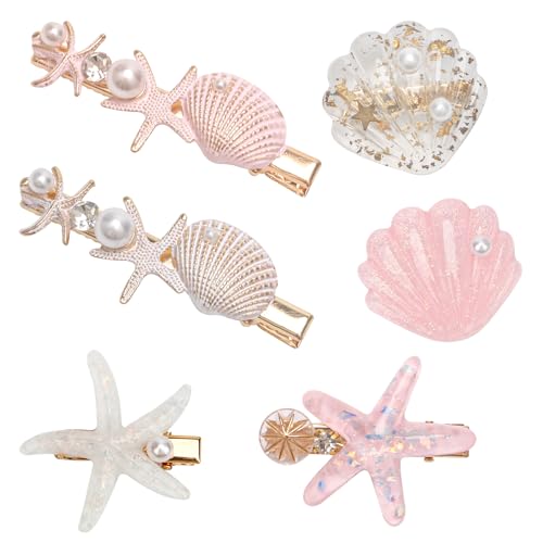 6 Stück Seestern Haarspangen-Set, Catcan Muschel Haarspange Strand Haarspangen Prinzessin Muschel Haarschmuck für Frauen Frisur Werkzeug Zubehör von Catcan