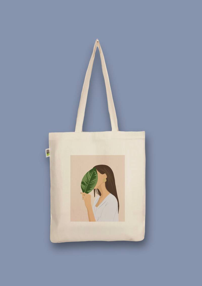 Handbedruckter Bio-Jutebeutel „Frau Mit Blatt" von CaterinaMariaAtelier