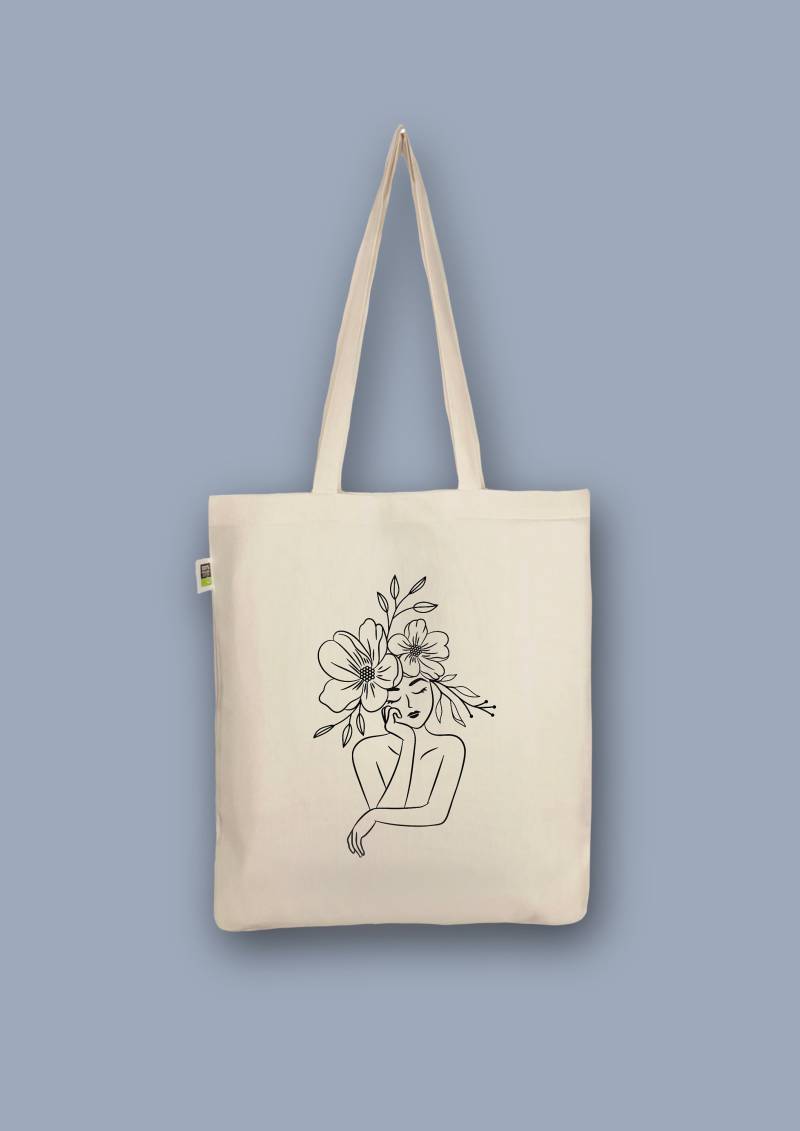 Handbedruckter Bio-Jutebeutel „Frau Mit Blumen" von CaterinaMariaAtelier