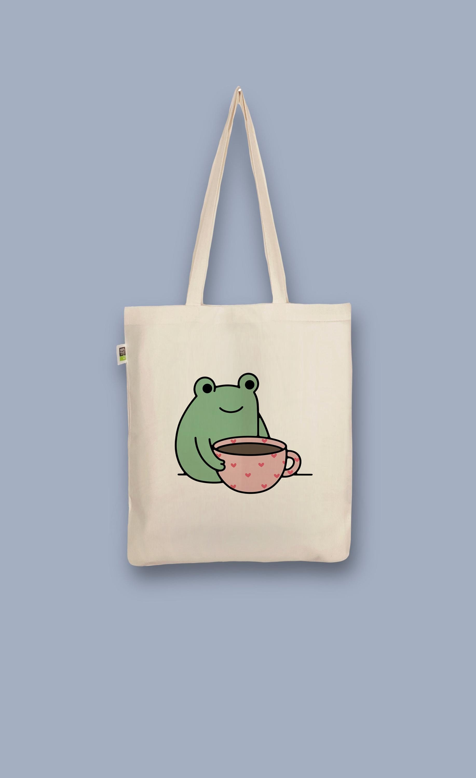 Handbedruckter Bio-Jutebeutel „Frosch Mit Kaffee Herztasse" von CaterinaMariaAtelier