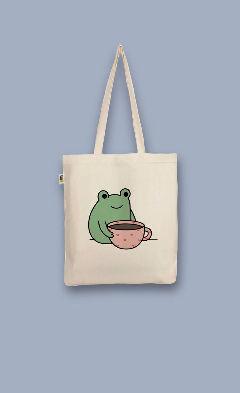 Handbedruckter Bio-Jutebeutel „Frosch Mit Kaffee Herztasse" von CaterinaMariaAtelier