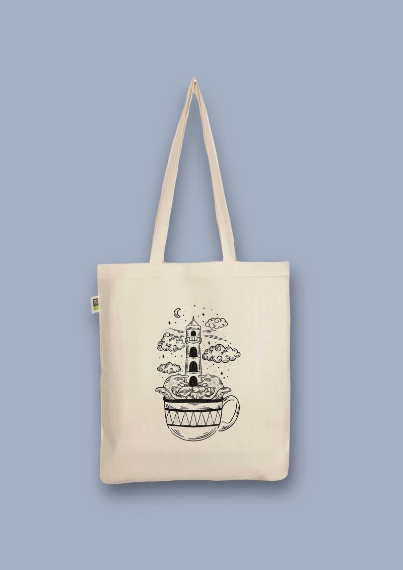 Handbedruckter Bio-Jutebeutel „Leuchtturm in Tasse" - Nachhaltig & Einzigartig von CaterinaMariaAtelier