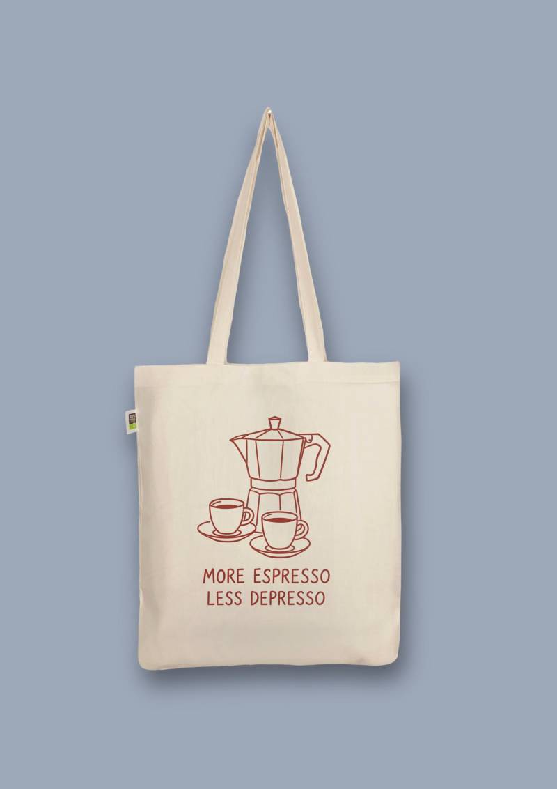 Handbedruckter Bio-Jutebeutel „More Espresso Less Depresso" von CaterinaMariaAtelier