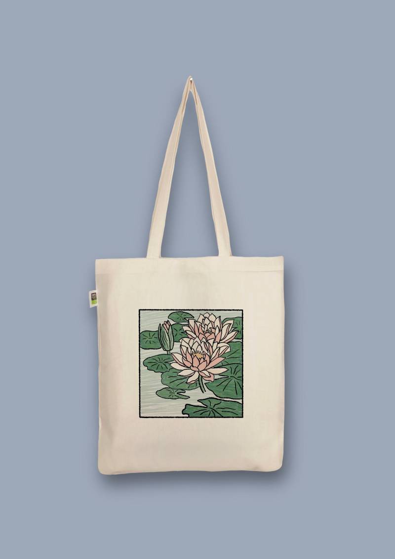 Handbedruckter Bio-Jutebeutel „Seerose" Stoffbeutel Aus Biobaumwolle Als Einkaufsbeutel Tasche Oder Geschenk Für Freundin Freund von CaterinaMariaAtelier