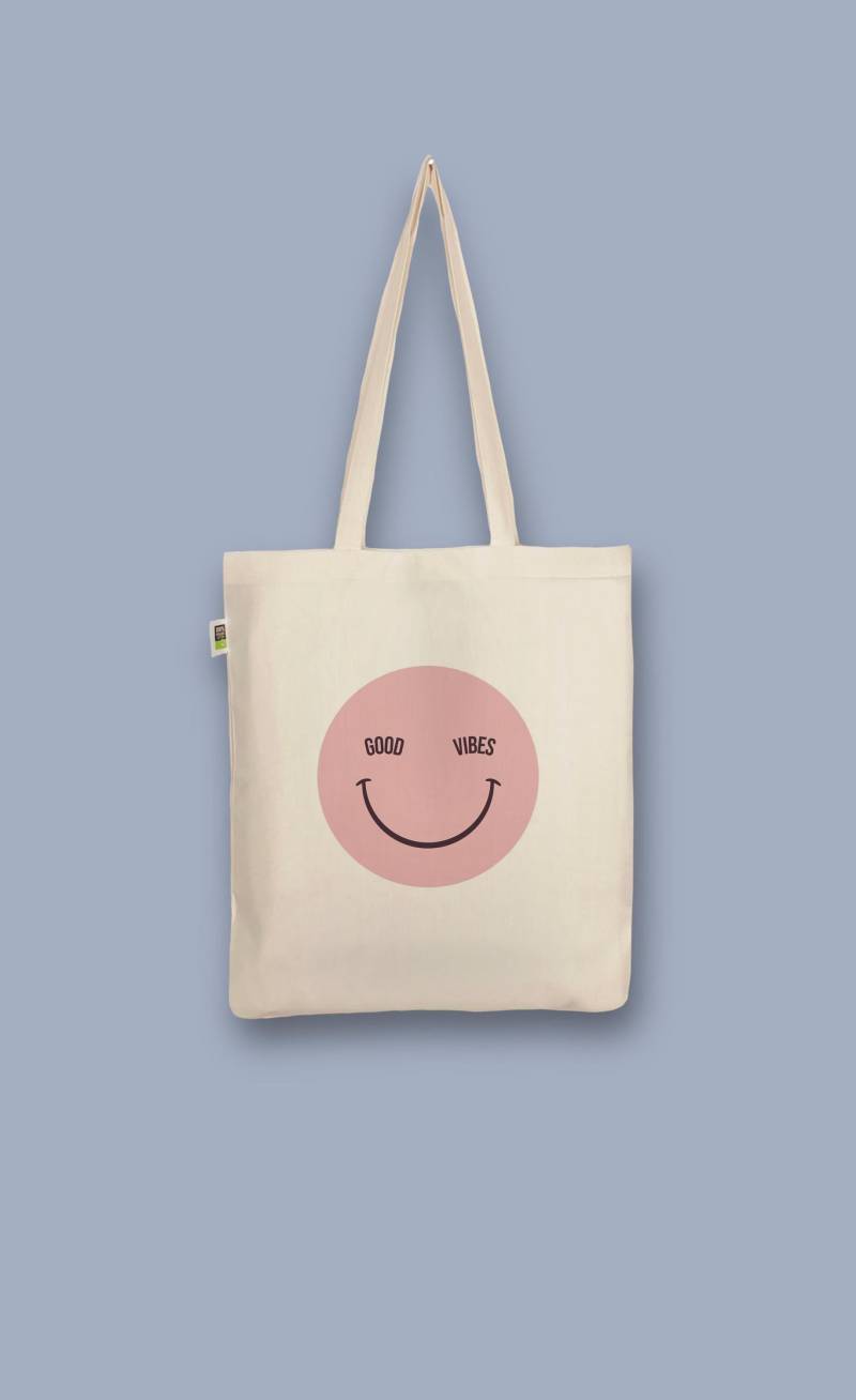 Handbedruckter Bio-Jutebeutel "Good Vibes - Smiley" Stoffbeutel Aus Biobaumwolle Als Einkaufsbeutel Tasche Oder Geschenk Für Freundin Freund von CaterinaMariaAtelier