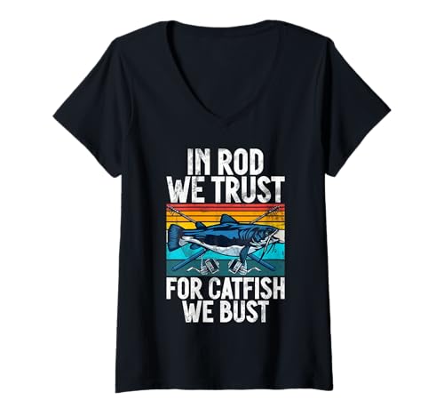 Damen In Rod We Trust for Catfish We Bust Wels T-Shirt mit V-Ausschnitt Damen In Rod We Trust for Catfish We Bust Wels T-Shirt mit V-Ausschnitt von Catfish Fishing
