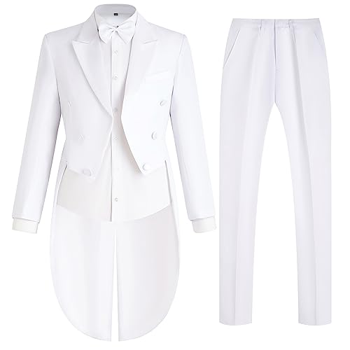 Herren Frack Anzug Jacke Smoking Doppelbrust Schwalbenschwanz Mantel Hose Fliege, Weiss/opulenter Garten, XL von Catheive