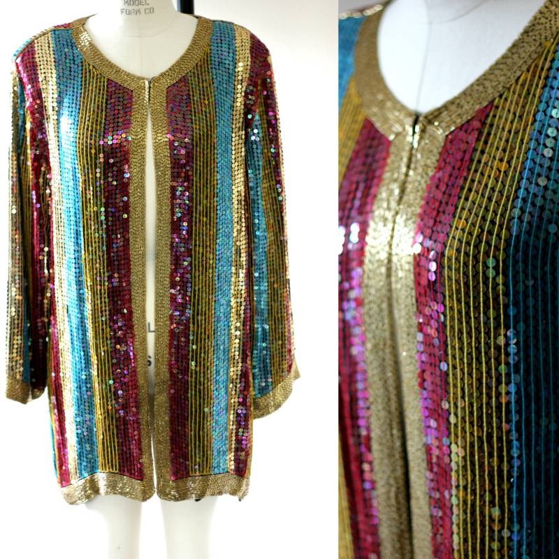 Gr. L // Hübscher Gestreifter Paillettenmantel Lange Perlenjacke Duster von CatherineSimmsVtg