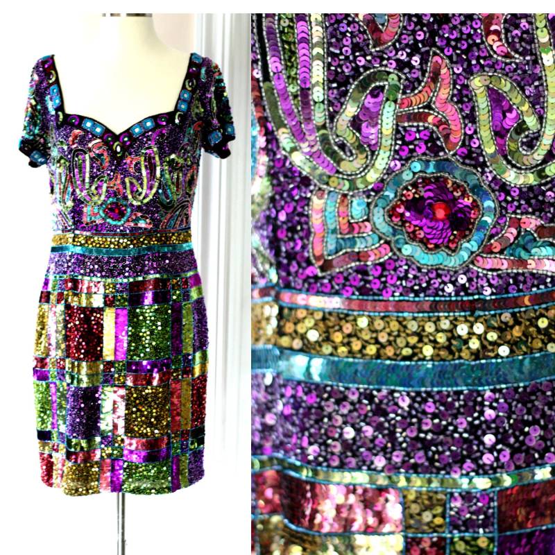 Größe 12// Stunning Naeem Khan Riazee Vintage Kleid// Spiegelperlen - Und Pailletten-Edelsteinfarbenes Kleid von CatherineSimmsVtg