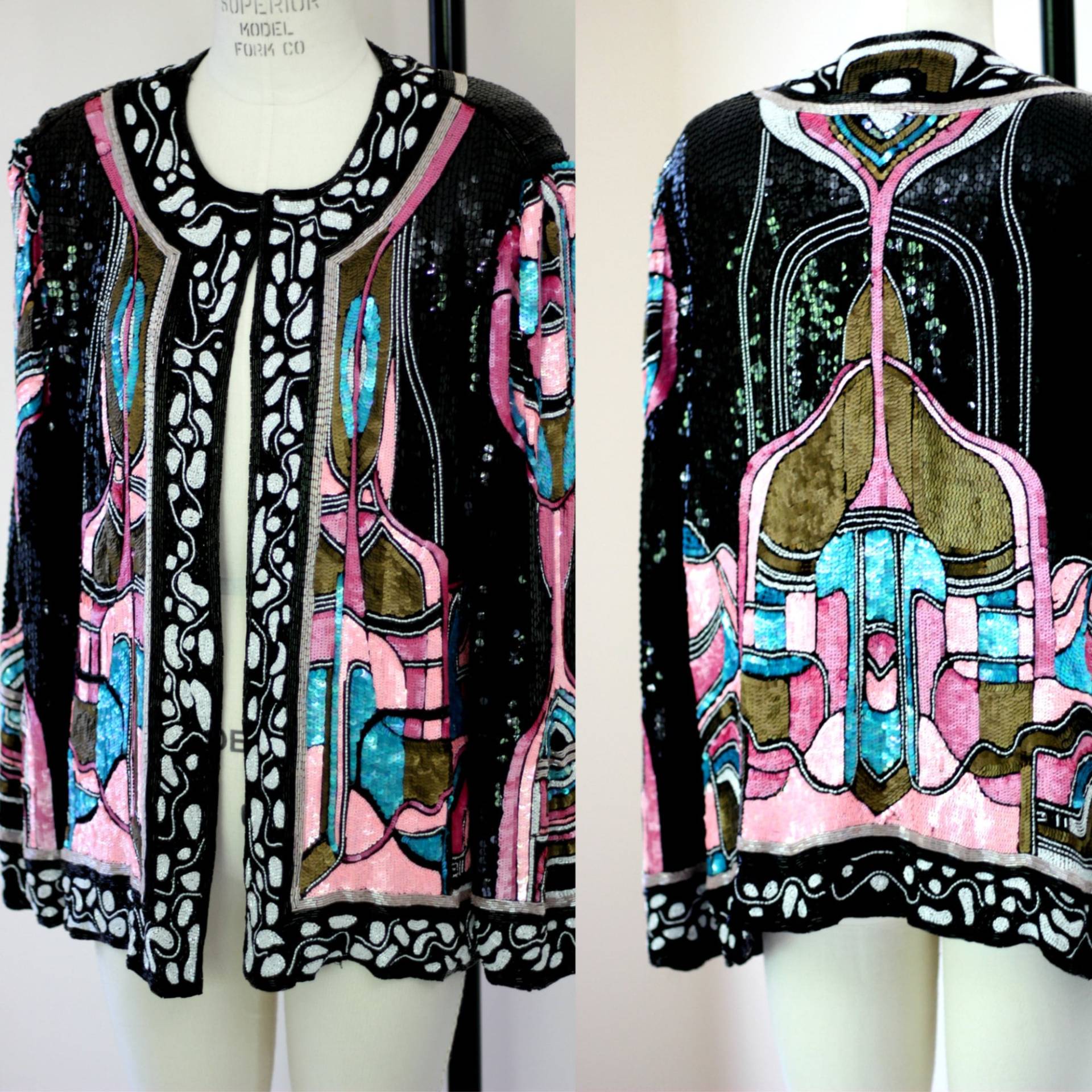 Größe L // Art-Deco-stil Schwarze Pailletten-Perlenjacke Wow Avantgarde-Weinlese-Blazer von CatherineSimmsVtg