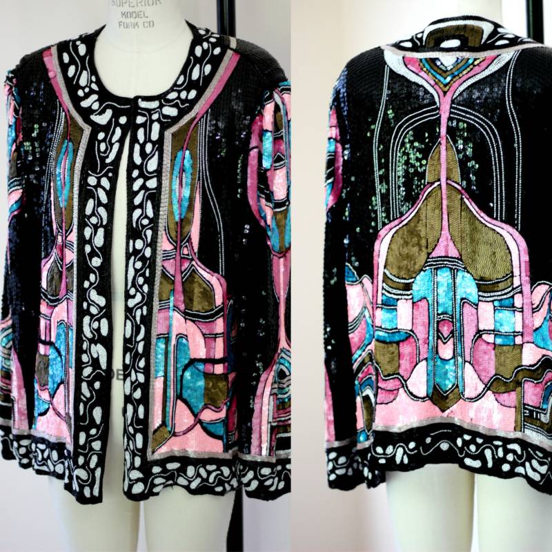 Größe L // Art-Deco-stil Schwarze Pailletten-Perlenjacke Wow Avantgarde-Weinlese-Blazer von CatherineSimmsVtg