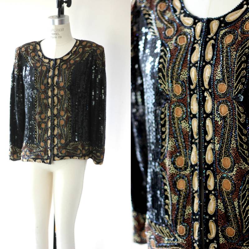 Größe S//Vintage Paillettenjacke Mit Goldener Perlenborte//Seide Verziert Goldperlen von CatherineSimmsVtg