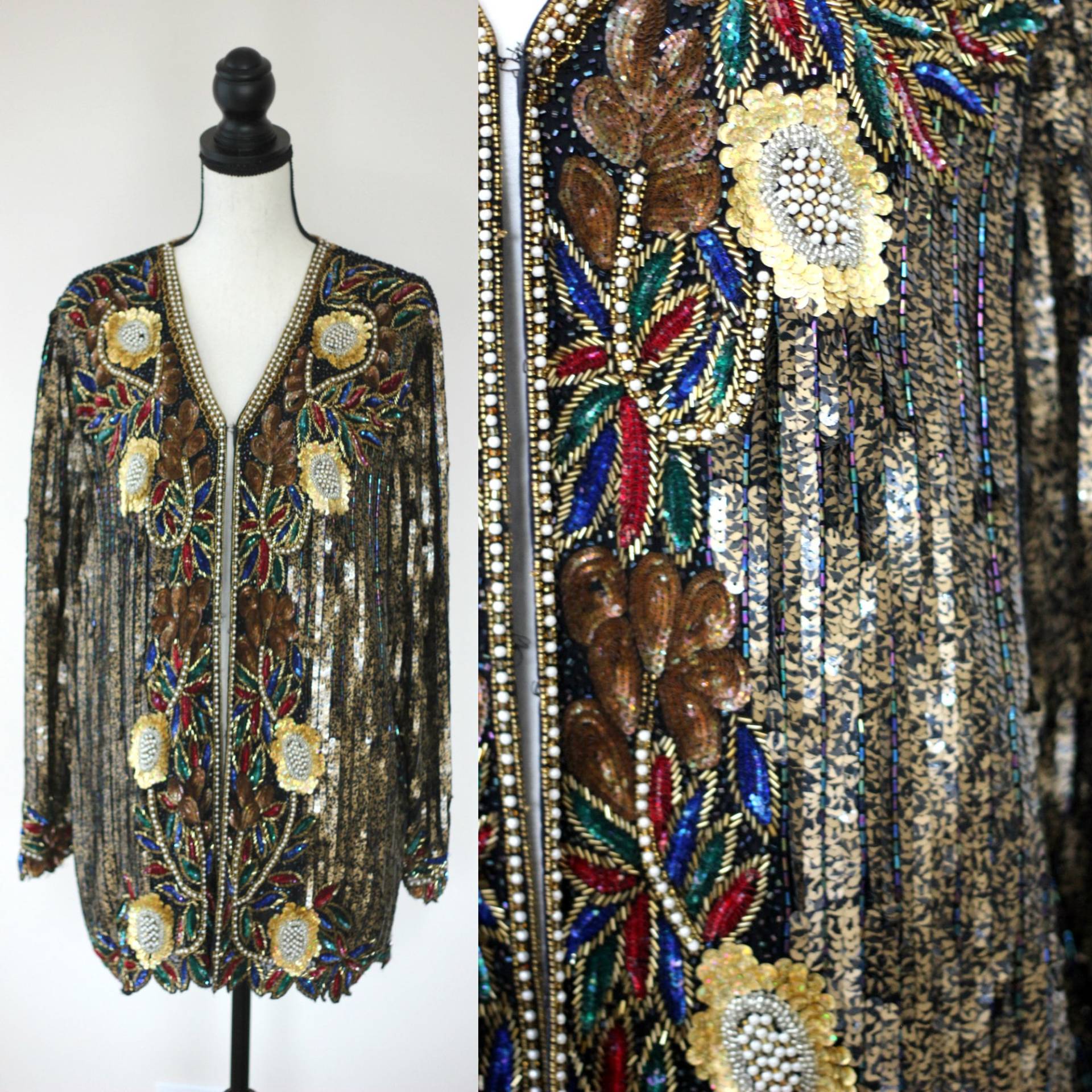 Größe Xl//Gold Leaf Pailletten-Perlen Duster//Seltene & Einzigartige Vintage Pailletten-Lange Jacke//Judith Ann von CatherineSimmsVtg