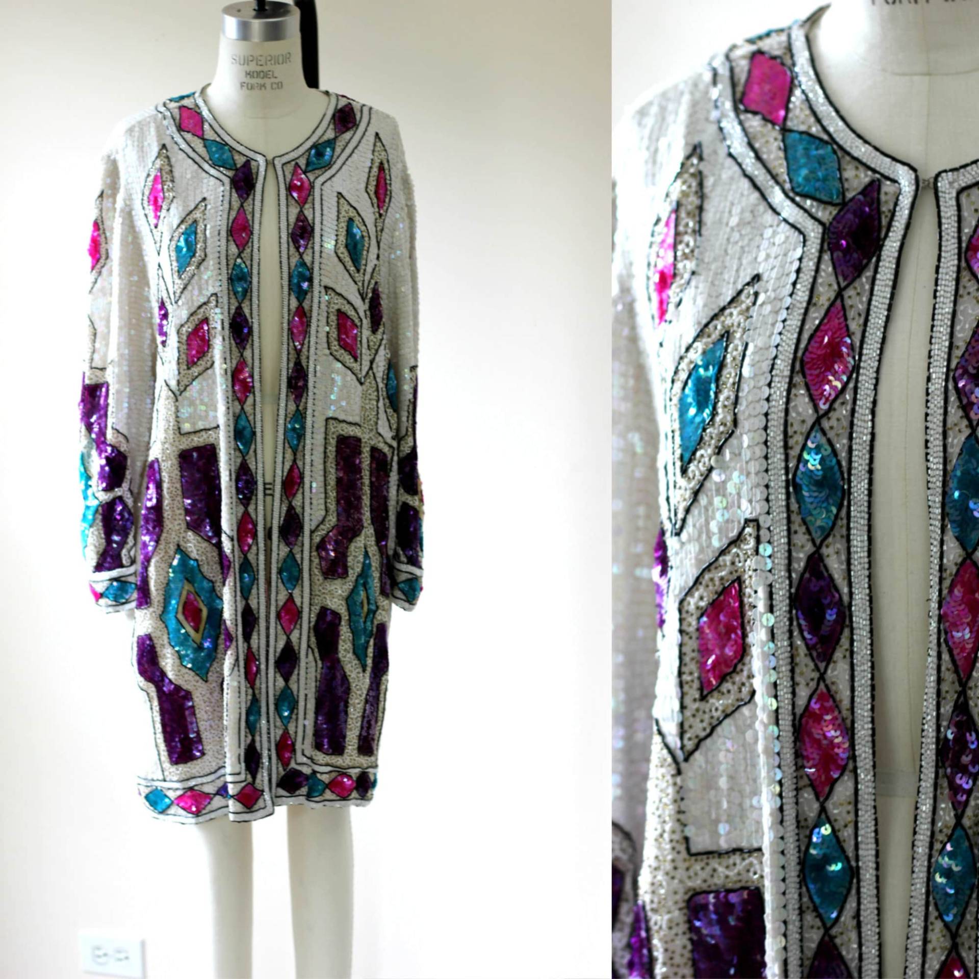 Plus Größe 1x // Amazing Judith Ann Sequin Beaded Duster Lila, Pink, Blau Lange Jacke von CatherineSimmsVtg